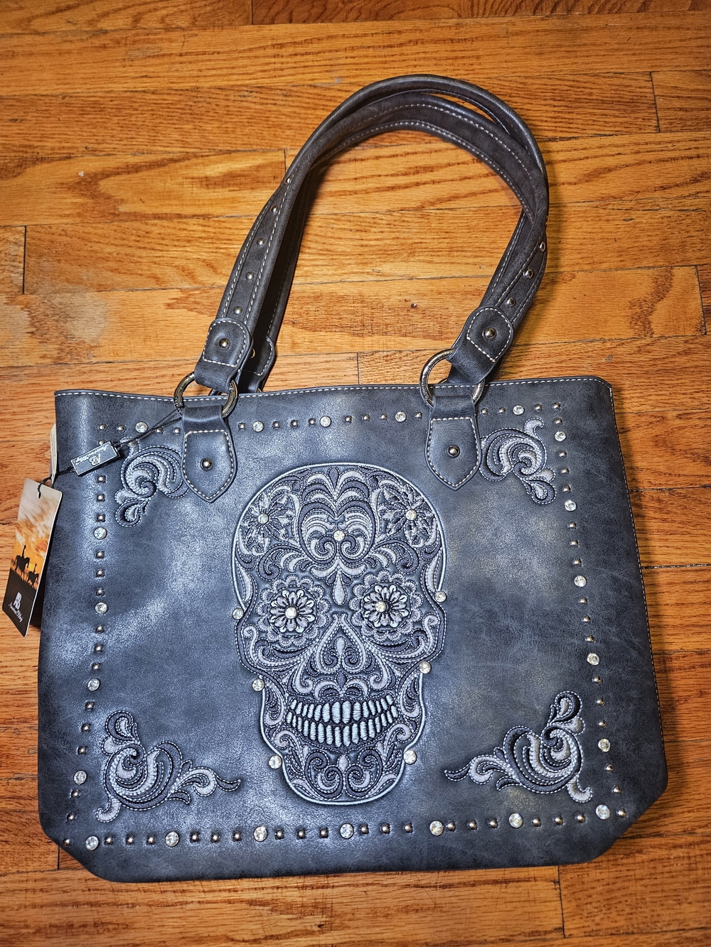 Embroidered Sugar Skull Tote Bag - Black Faux Leather